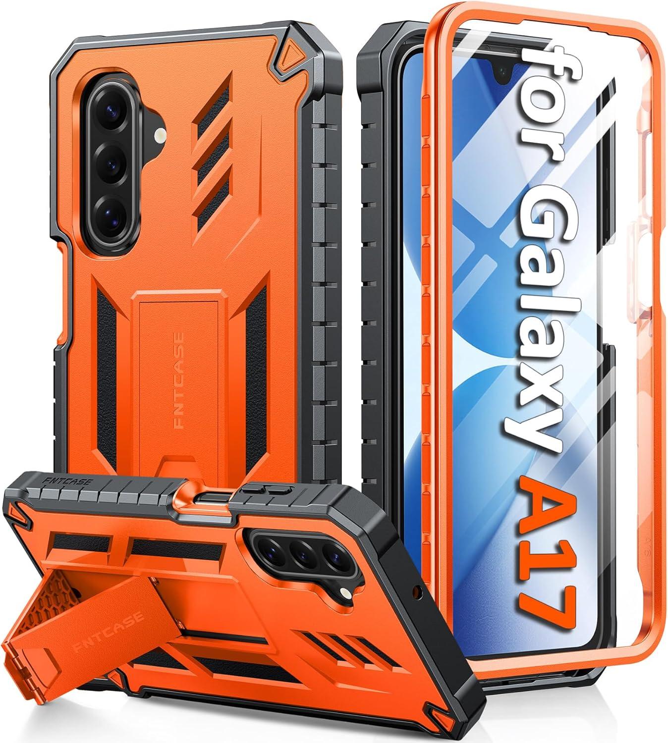 imageFNTCASE for Samsung Galaxy A165G Case Military Grade Drop Proof Protection Mobile Cover with Kickstand Matte Textured Rugged Shockproof TPU Protective Sturdy Phone CaseBlackOrange