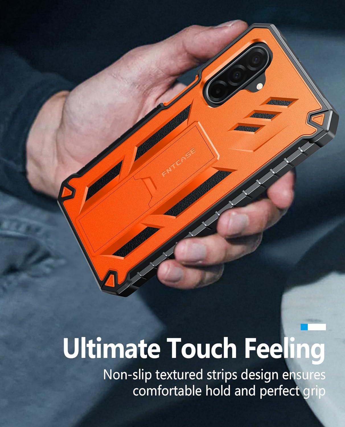 imageFNTCASE for Samsung Galaxy A165G Case Military Grade Drop Proof Protection Mobile Cover with Kickstand Matte Textured Rugged Shockproof TPU Protective Sturdy Phone CaseBlackOrange