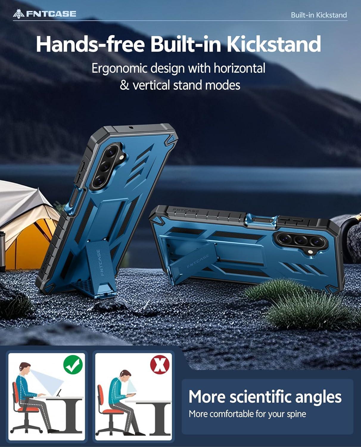 imageFNTCASE for Samsung Galaxy A165G Case Military Grade Drop Proof Protection Mobile Cover with Kickstand Matte Textured Rugged Shockproof TPU Protective Sturdy Phone CaseBlackBlue