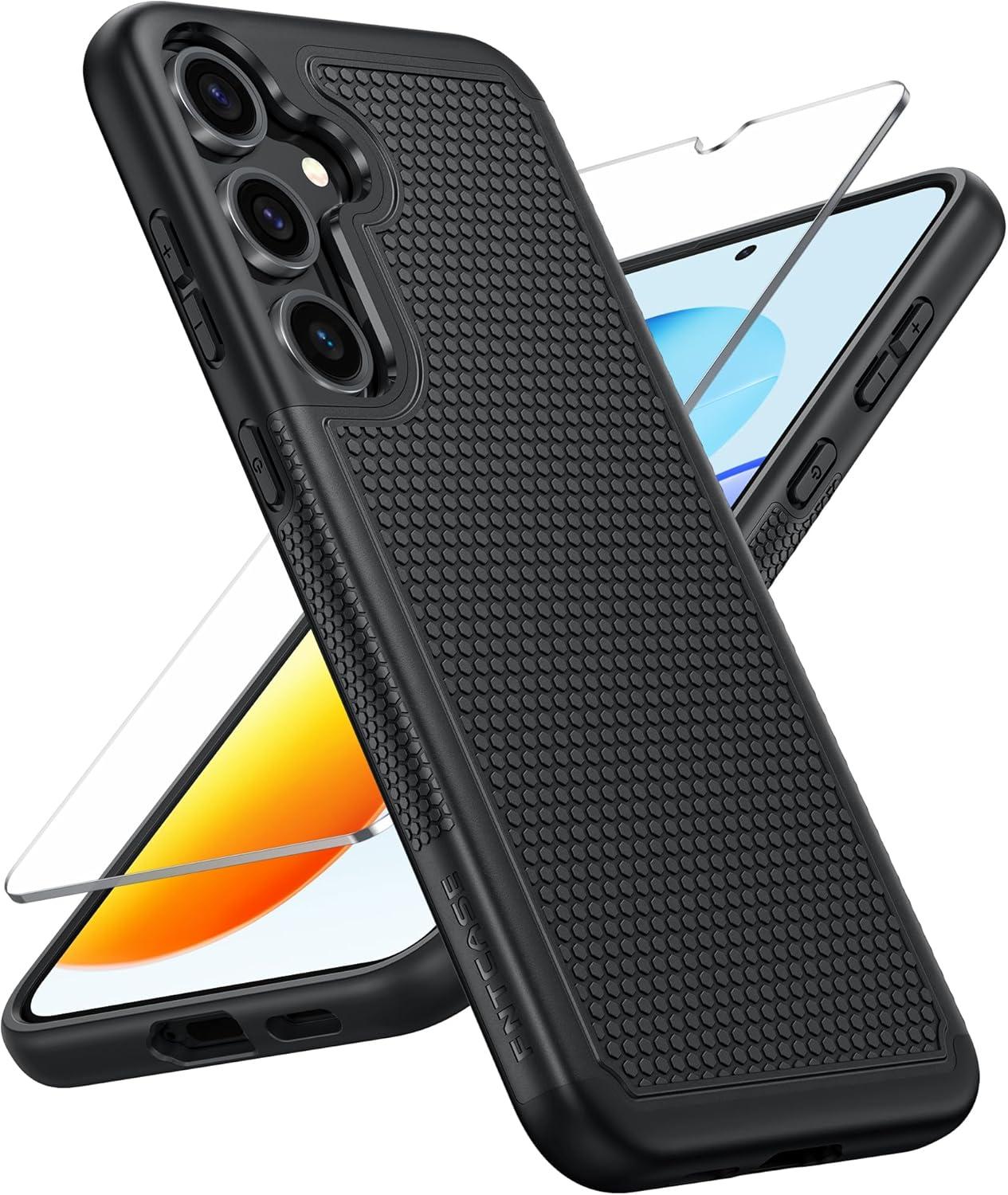 imageFNTCASE for Samsung Galaxy S24 Case Dual Layer Heavy Duty Cell Phone Protective Cover Shockproof Rugged with NonSlip Textured Military Drop Protection Bumper Tough 2024 62inch BlackBlack