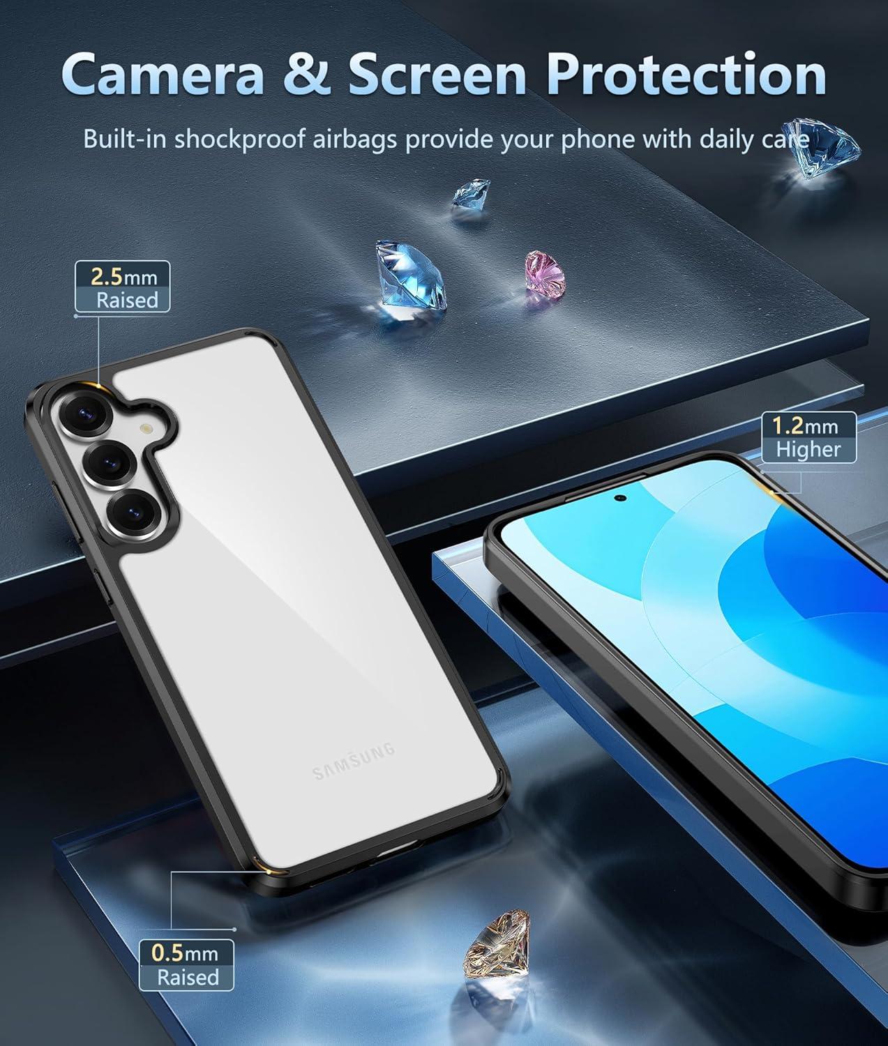 imageFNTCASE for Samsung Galaxy S25 Case for Galaxy S24 Case Military Grade Drop Protection Anti Yellowing Cell Phone Cover Rugged Shockproof Protective Bumper Transparent CasesClearBlack