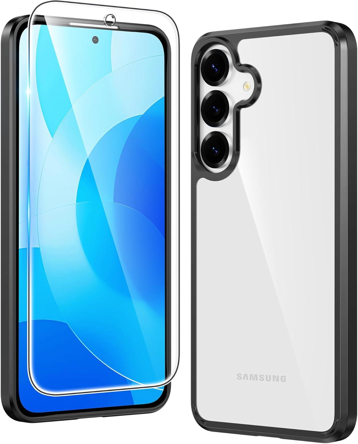 imageFNTCASE for Samsung Galaxy S25 Case for Galaxy S24 Case Military Grade Drop Protection Anti Yellowing Cell Phone Cover Rugged Shockproof Protective Bumper Transparent CasesClearBlack