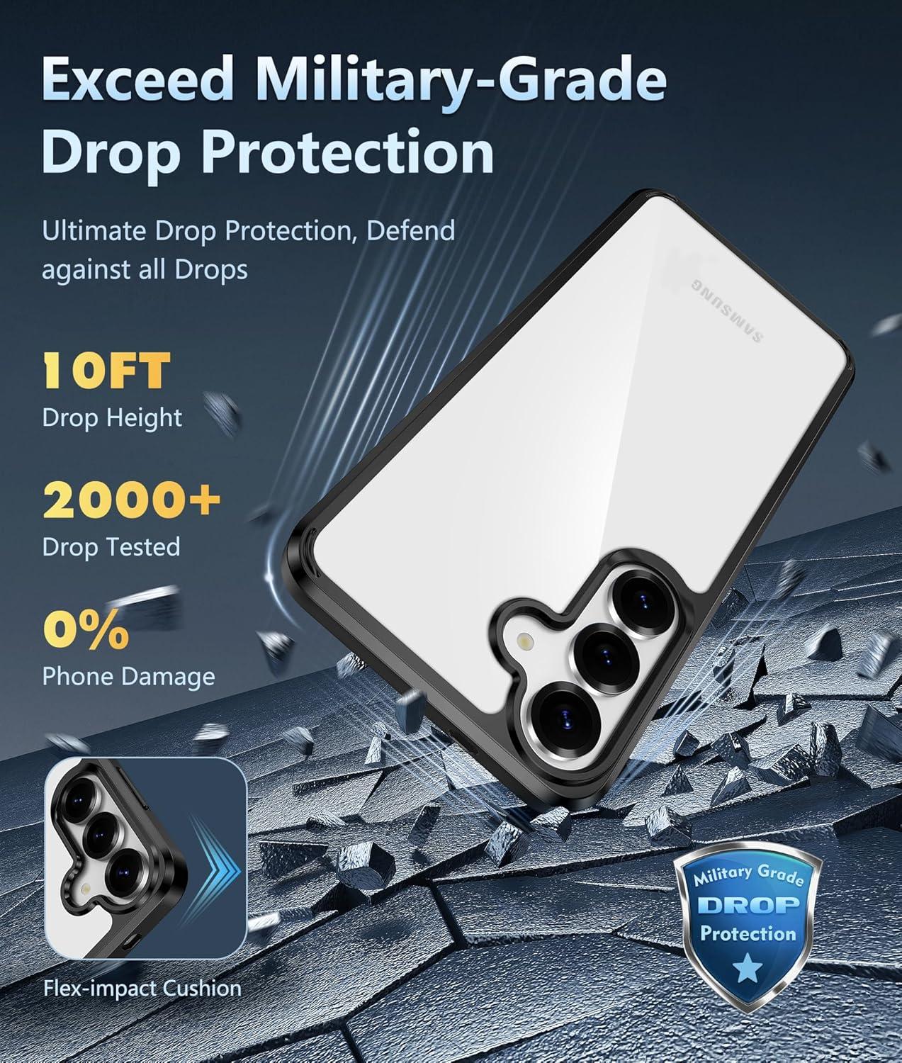 imageFNTCASE for Samsung Galaxy S25 Case for Galaxy S24 Case Military Grade Drop Protection Anti Yellowing Cell Phone Cover Rugged Shockproof Protective Bumper Transparent CasesClearBlack