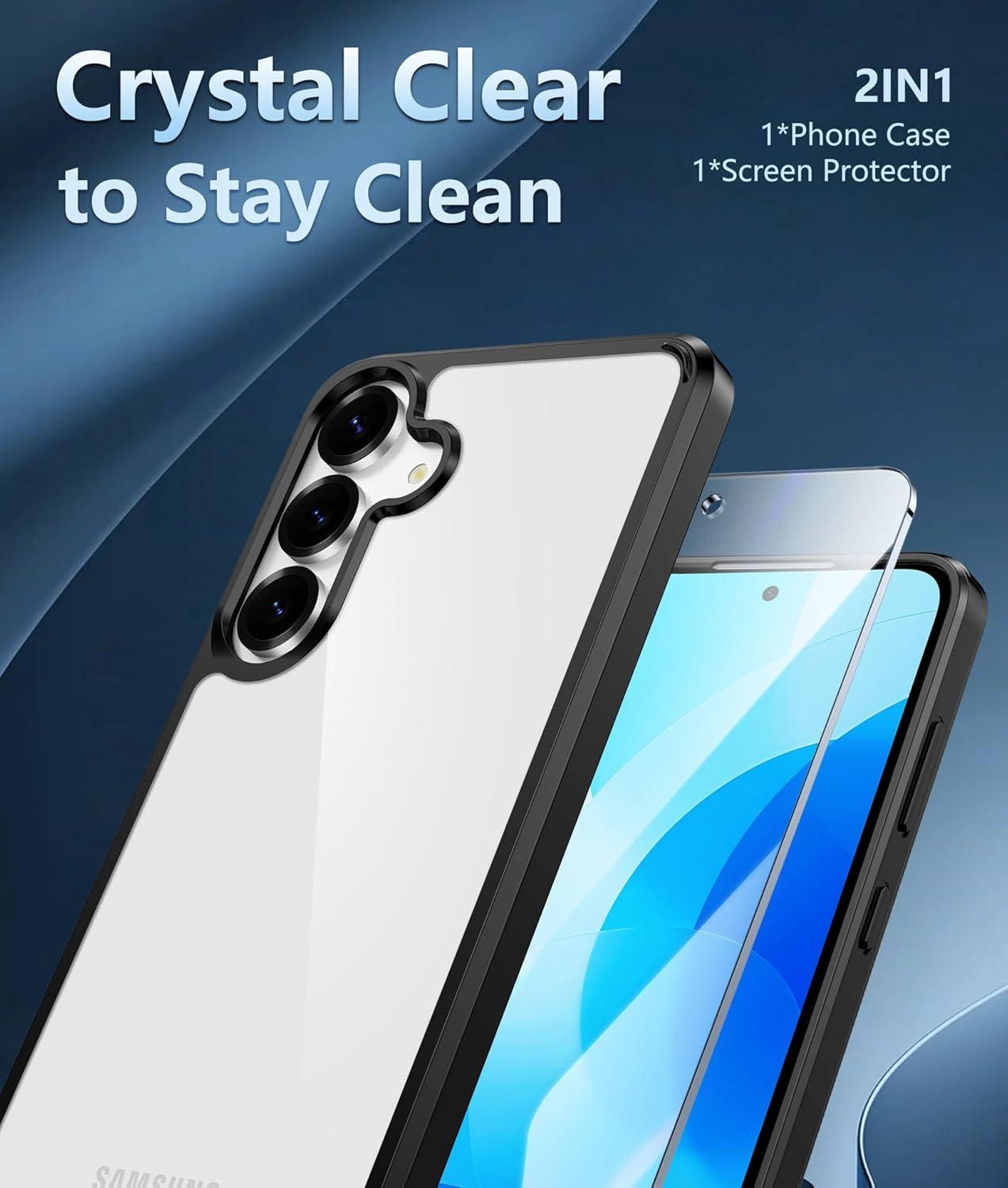 imageFNTCASE for Samsung Galaxy S25 Case for Galaxy S24 Case Military Grade Drop Protection Anti Yellowing Cell Phone Cover Rugged Shockproof Protective Bumper Transparent CasesClearBlack