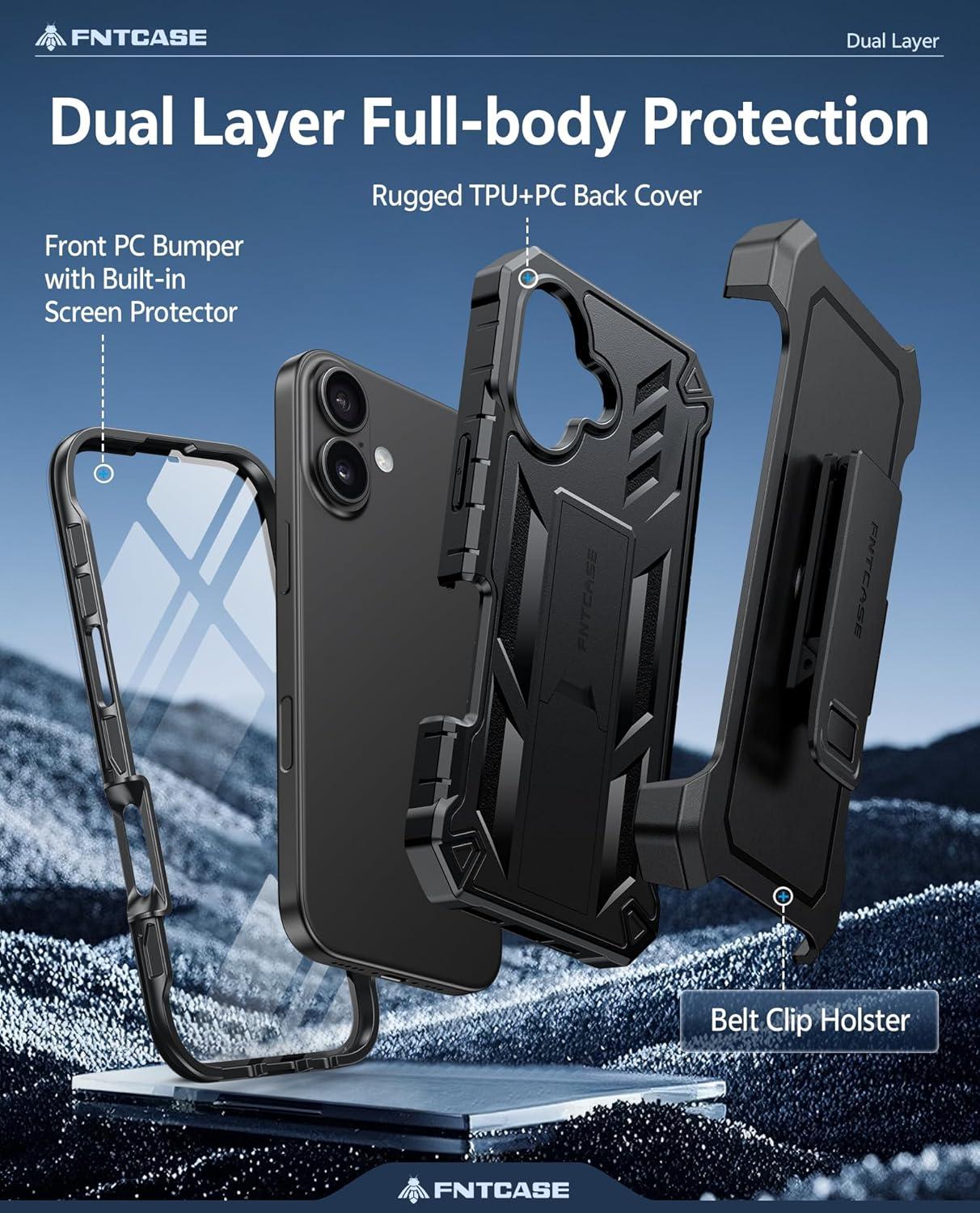 imageFNTCASE for iPhone 16e 2025 Case for iPhone 16E Military Grade Rugged Phone Cover with Kickstand ampamp Holster Shockproof TPU Protection Bumper Matte Textured Design Heavy Duty Protector BlackBlack