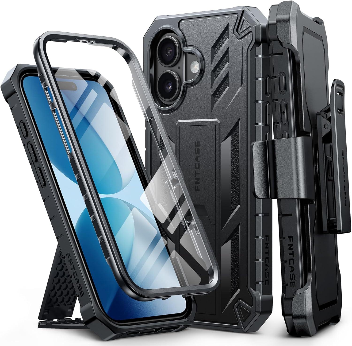 imageFNTCASE for iPhone 16e 2025 Case for iPhone 16E Military Grade Rugged Phone Cover with Kickstand ampamp Holster Shockproof TPU Protection Bumper Matte Textured Design Heavy Duty Protector BlackBlack