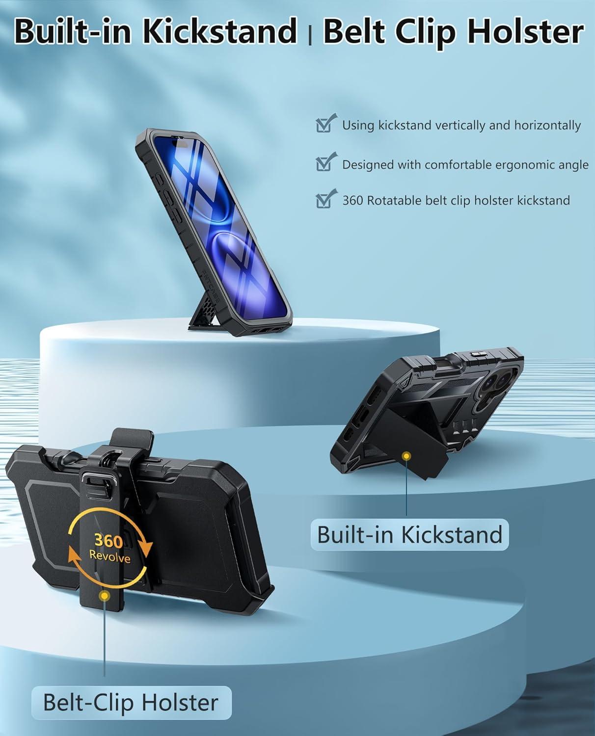 imageFNTCASE for iPhone 16e 2025 Case for iPhone 16E Military Grade Rugged Phone Cover with Kickstand ampamp Holster Shockproof TPU Protection Bumper Matte Textured Design Heavy Duty Protector BlackBlack