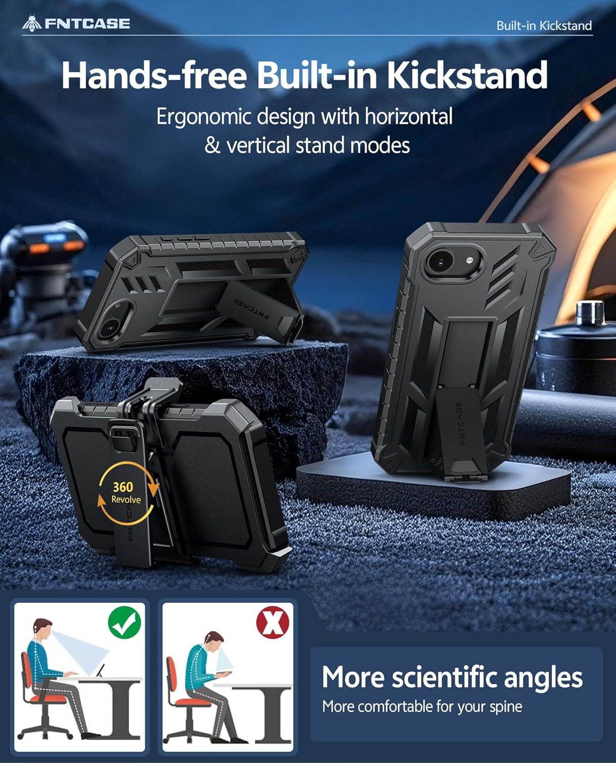 imageFNTCASE for iPhone 16e 2025 Case for iPhone 16E Military Grade Rugged Phone Cover with Kickstand ampamp Holster Shockproof TPU Protection Bumper Matte Textured Design Heavy Duty Protector BlackBlack