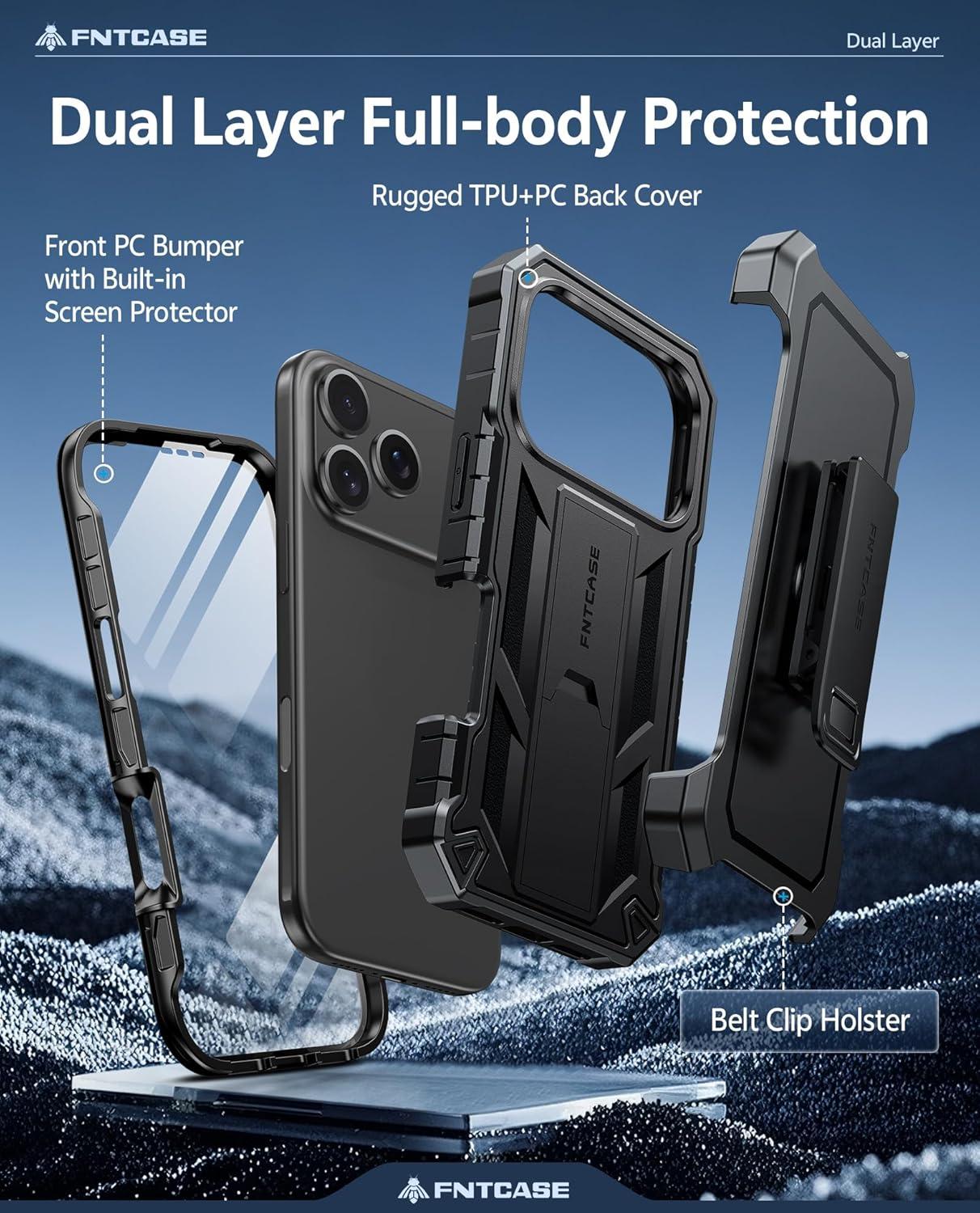 imageFNTCASE for iPhone 16e 2025 Case for iPhone 16E Military Grade Rugged Phone Cover with Kickstand ampamp Holster Shockproof TPU Protection Bumper Matte Textured Design Heavy Duty Protector BlackBlack