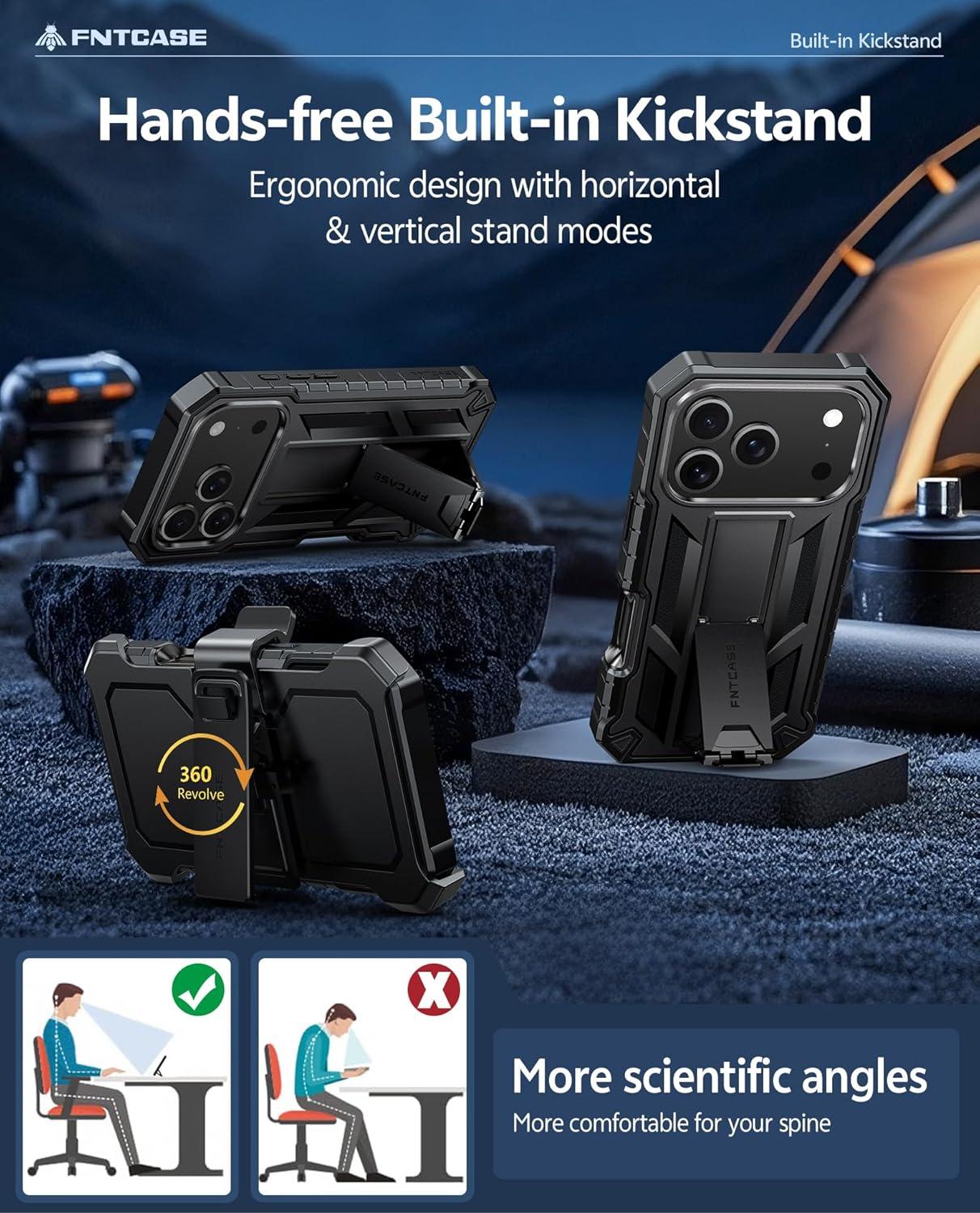 imageFNTCASE for iPhone 16e 2025 Case for iPhone 16E Military Grade Rugged Phone Cover with Kickstand ampamp Holster Shockproof TPU Protection Bumper Matte Textured Design Heavy Duty Protector BlackBlack