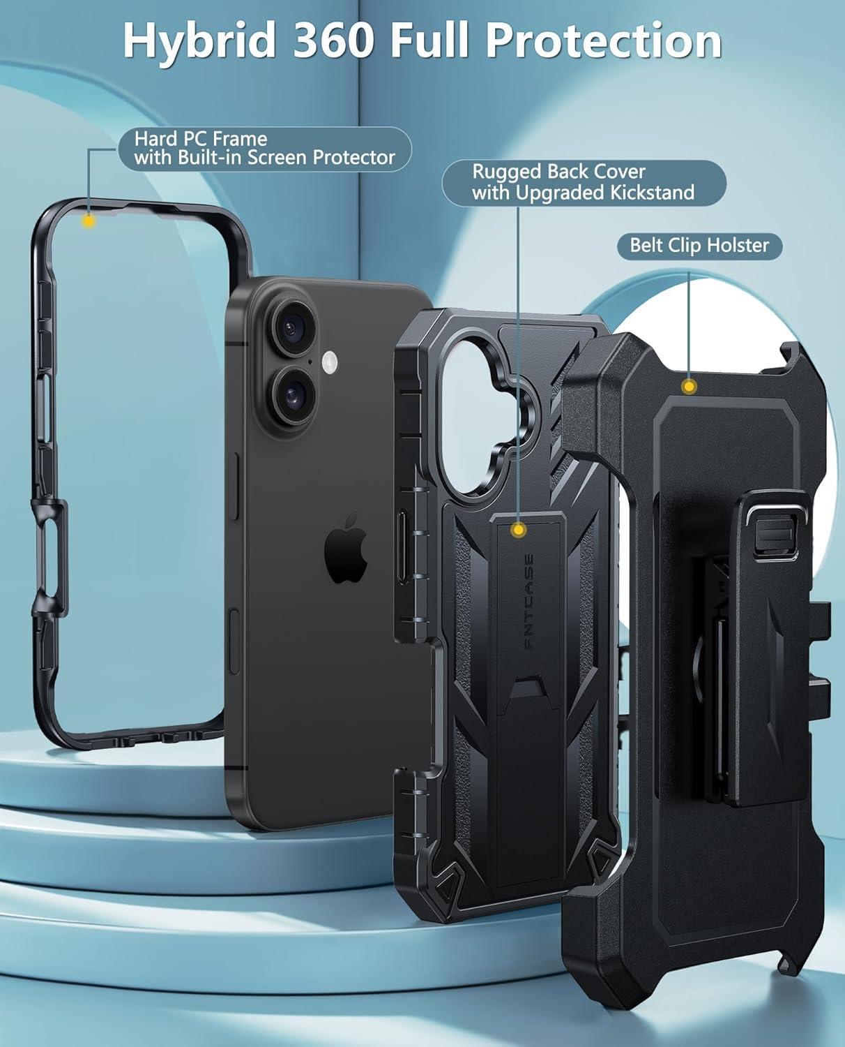 imageFNTCASE for iPhone 16e 2025 Case for iPhone 16E Military Grade Rugged Phone Cover with Kickstand ampamp Holster Shockproof TPU Protection Bumper Matte Textured Design Heavy Duty Protector BlackBlack