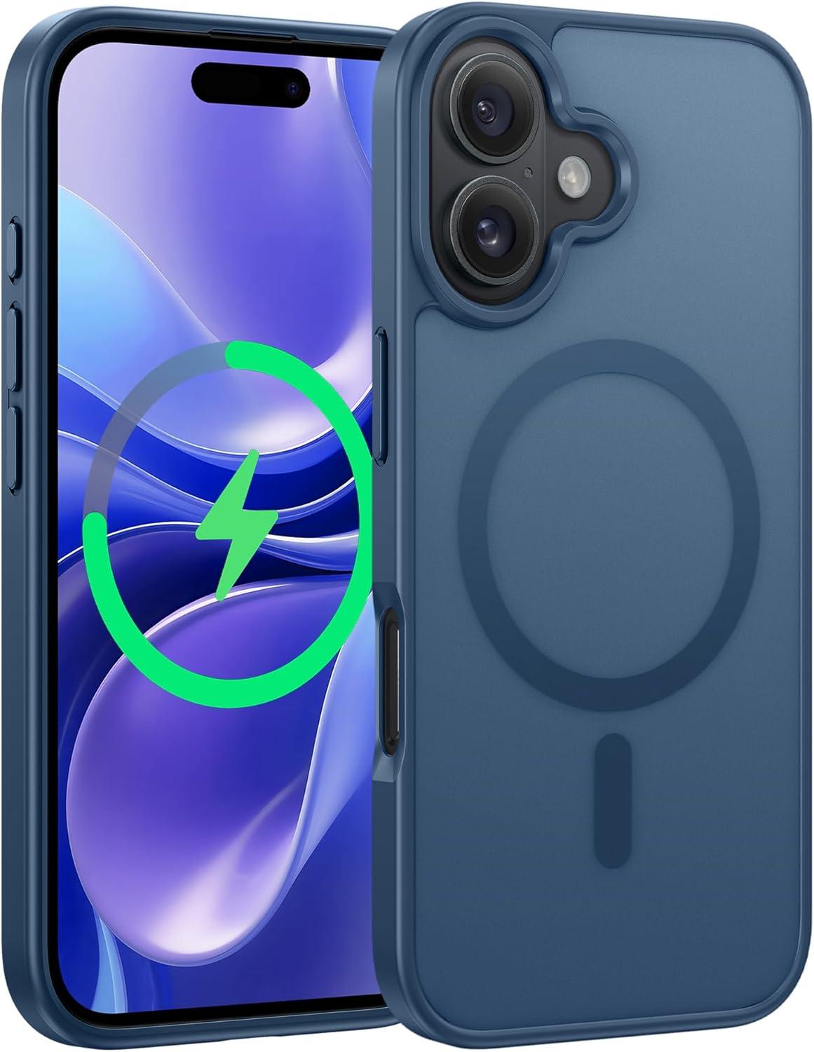 imageFNTCASE for iPhone 16e Phone Case Magnetic Matte Textured Silicone Shockproof Military Grade Drop Protection Cell Phone Cover Compatible with Magsafe Slim Rugged AntiSlip Protective BumperBlue