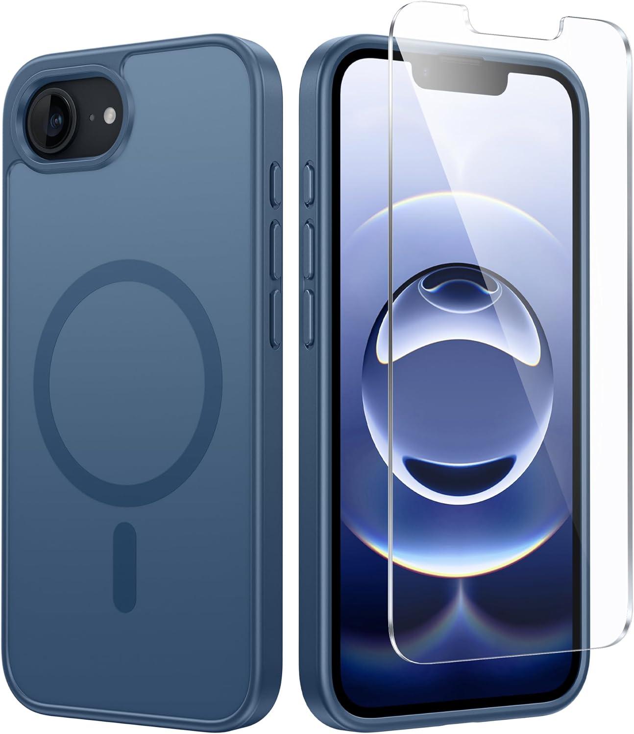 imageFNTCASE for iPhone 16e Phone Case Magnetic Matte Textured Silicone Shockproof Military Grade Drop Protection Cell Phone Cover Compatible with Magsafe Slim Rugged AntiSlip Protective BumperBlue