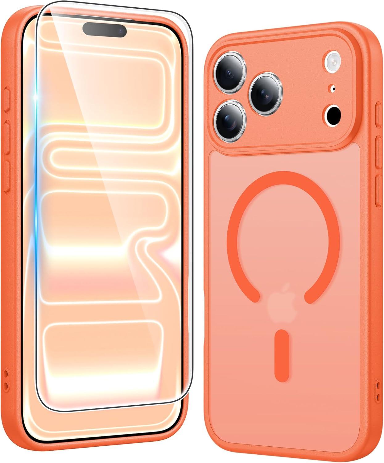 imageFNTCASE for iPhone 17 Pro Case Compatible with Magsafe Clear Transparent Magnetic Shockproof Protective Rugged Phone Cover with Screen Protector 63 inch AClearCOrange