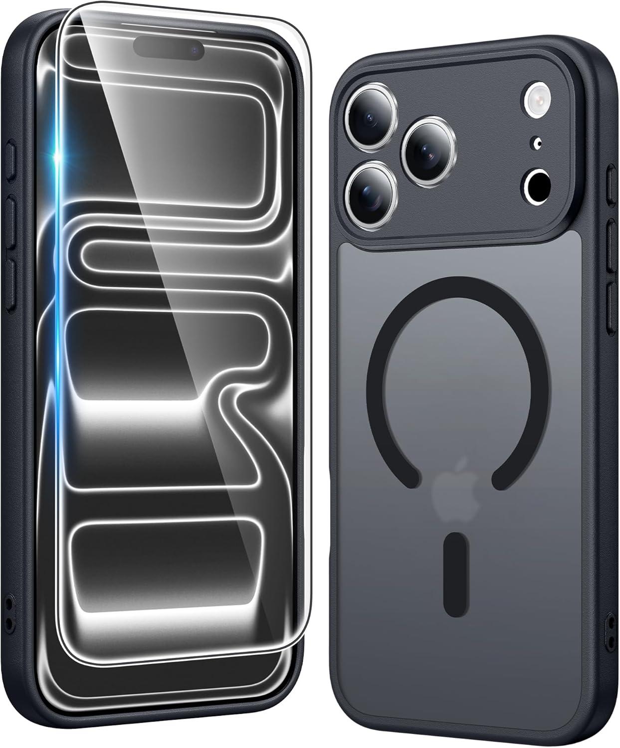 imageFNTCASE for iPhone 17 Pro Case Compatible with Magsafe Clear Transparent Magnetic Shockproof Protective Rugged Phone Cover with Screen Protector 63 inch AClearCBlack