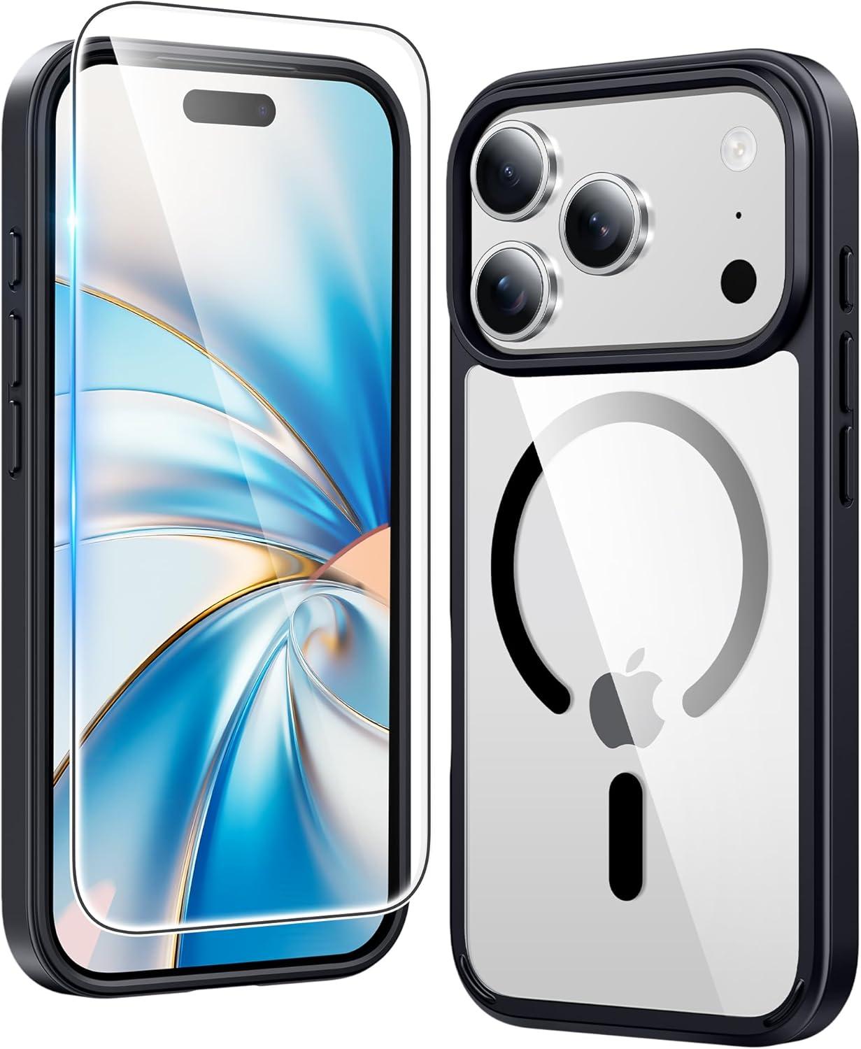 imageFNTCASE for iPhone 17 Pro Case Compatible with Magsafe Clear Transparent Magnetic Shockproof Protective Rugged Phone Cover with Screen Protector 63 inch AClearBBlack