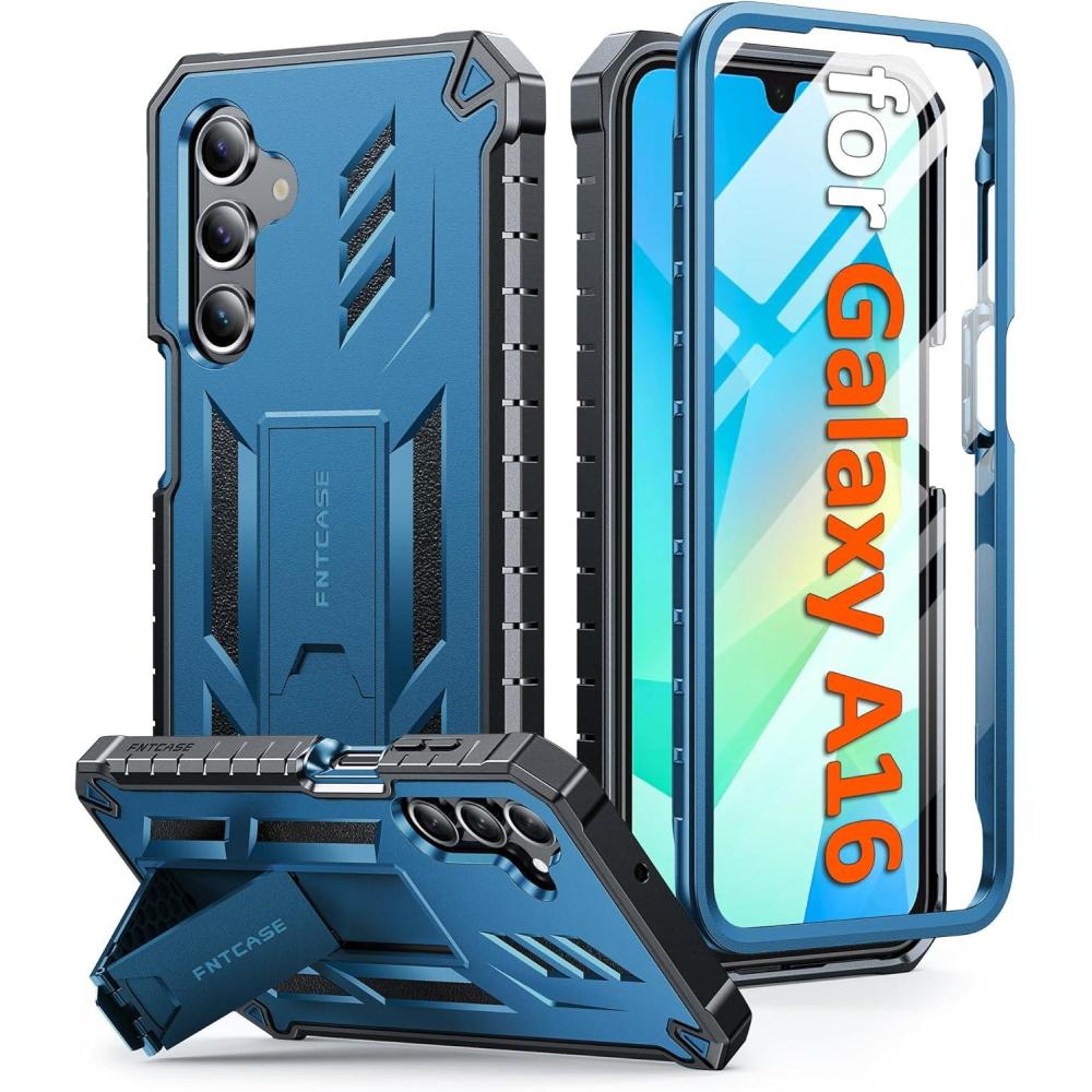 imageFNTCASE for Samsung Galaxy A165G Case Military Grade Drop Proof Protection Mobile Cover with Kickstand Matte Textured Rugged Shockproof TPU Protective Sturdy Phone CaseBlackBlue
