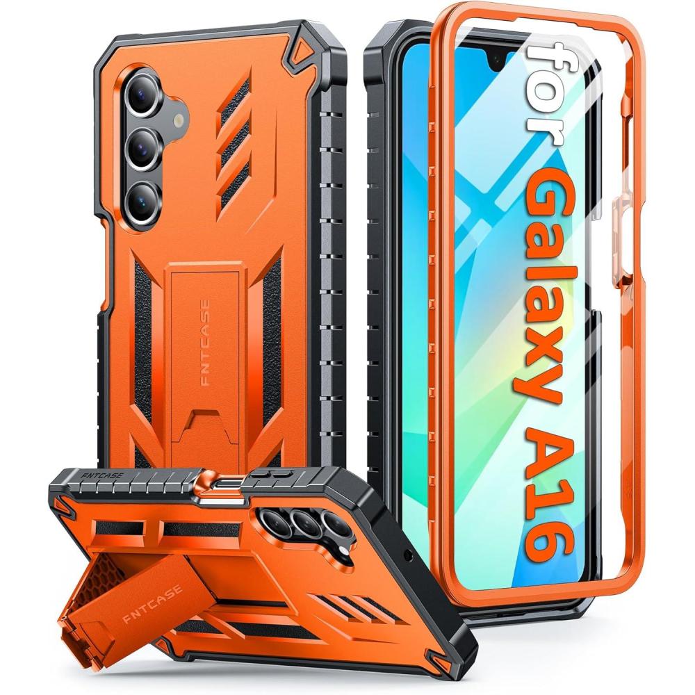 imageFNTCASE for Samsung Galaxy A165G Case Military Grade Drop Proof Protection Mobile Cover with Kickstand Matte Textured Rugged Shockproof TPU Protective Sturdy Phone CaseBlackOrange