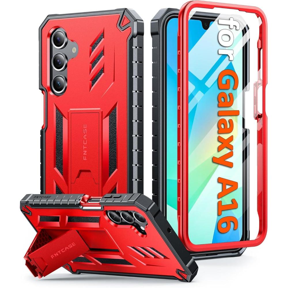 imageFNTCASE for Samsung Galaxy A165G Case Military Grade Drop Proof Protection Mobile Cover with Kickstand  Matte Textured Rugged Shockproof TPU  Protective Sturdy Phone CaseBlackRed