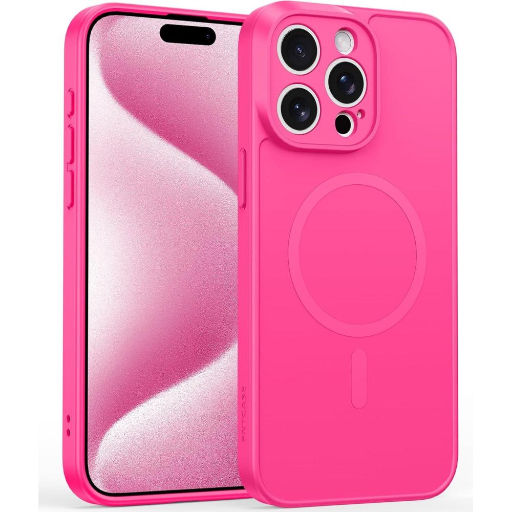 imageFNTCASE for iPhone 16 Pro Case Clear Phone Cases Compatible with Magsafe Slim Anti Yellowing Military Grade Drop Protection Rugged Shockproof Protective Transparent Cell Phone Cover BClearDHot Pink Soild