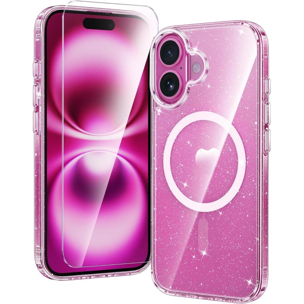 imageFNTCASE for iPhone 16 Pro Case Clear Phone Cases Compatible with Magsafe Slim Anti Yellowing Military Grade Drop Protection Rugged Shockproof Protective Transparent Cell Phone Cover BClearDGlitter Magnetic