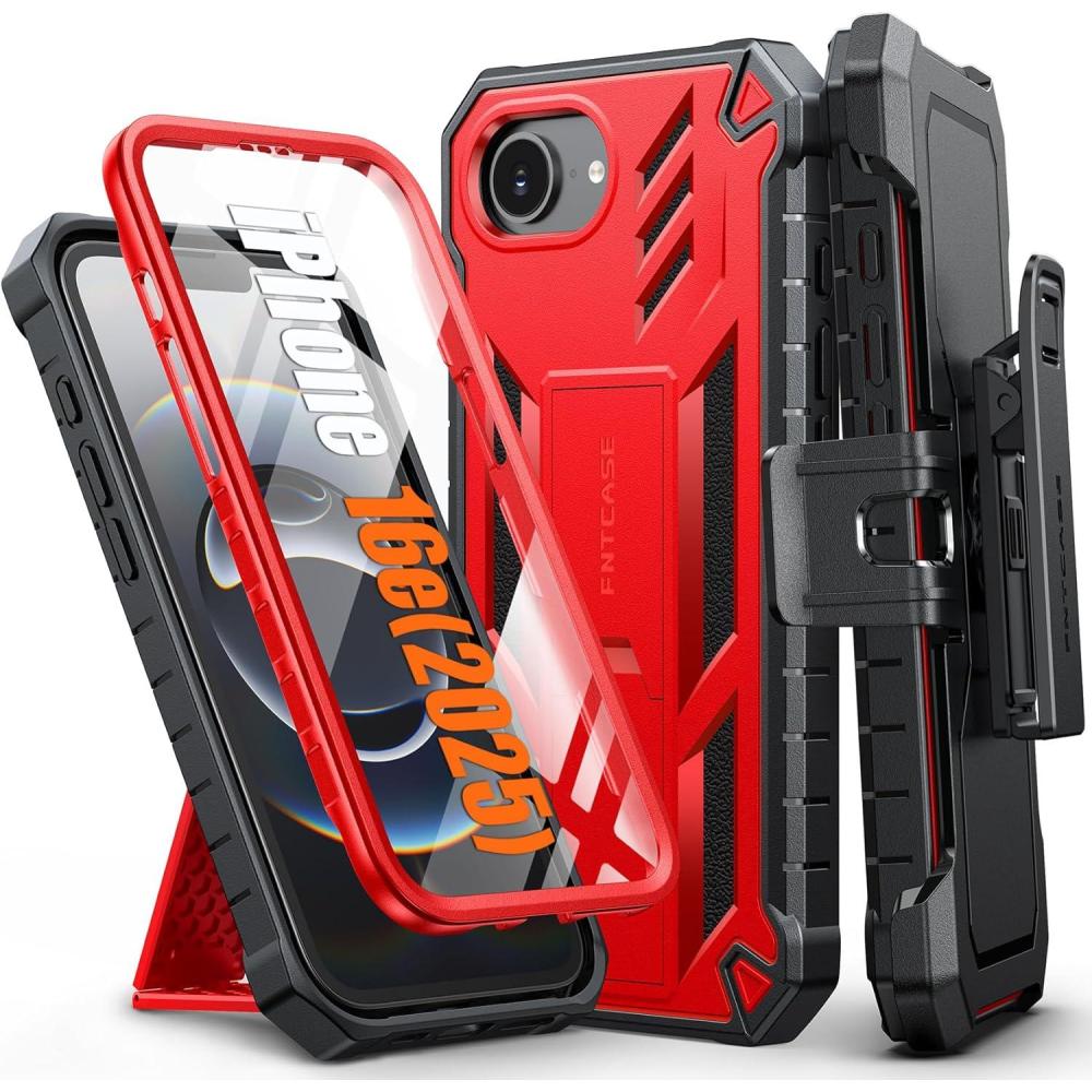 imageFNTCASE for iPhone 16e 2025 Case for iPhone 16E Military Grade Rugged Phone Cover with Kickstand ampamp Holster  Shockproof TPU Protection Bumper Matte Textured Design  Heavy Duty Protector BlackRed