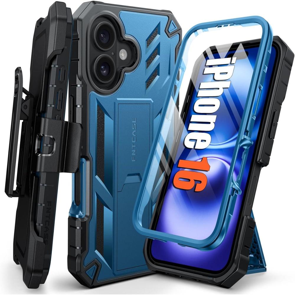 imageFNTCASE for iPhone 16e Phone Case Military Grade Builtin Screen Protector Kickstand Matte Textured Drop Proof Protection Cover  Rugged Shockproof TPU Protective Sturdy Cases 2025  BlackTBlue