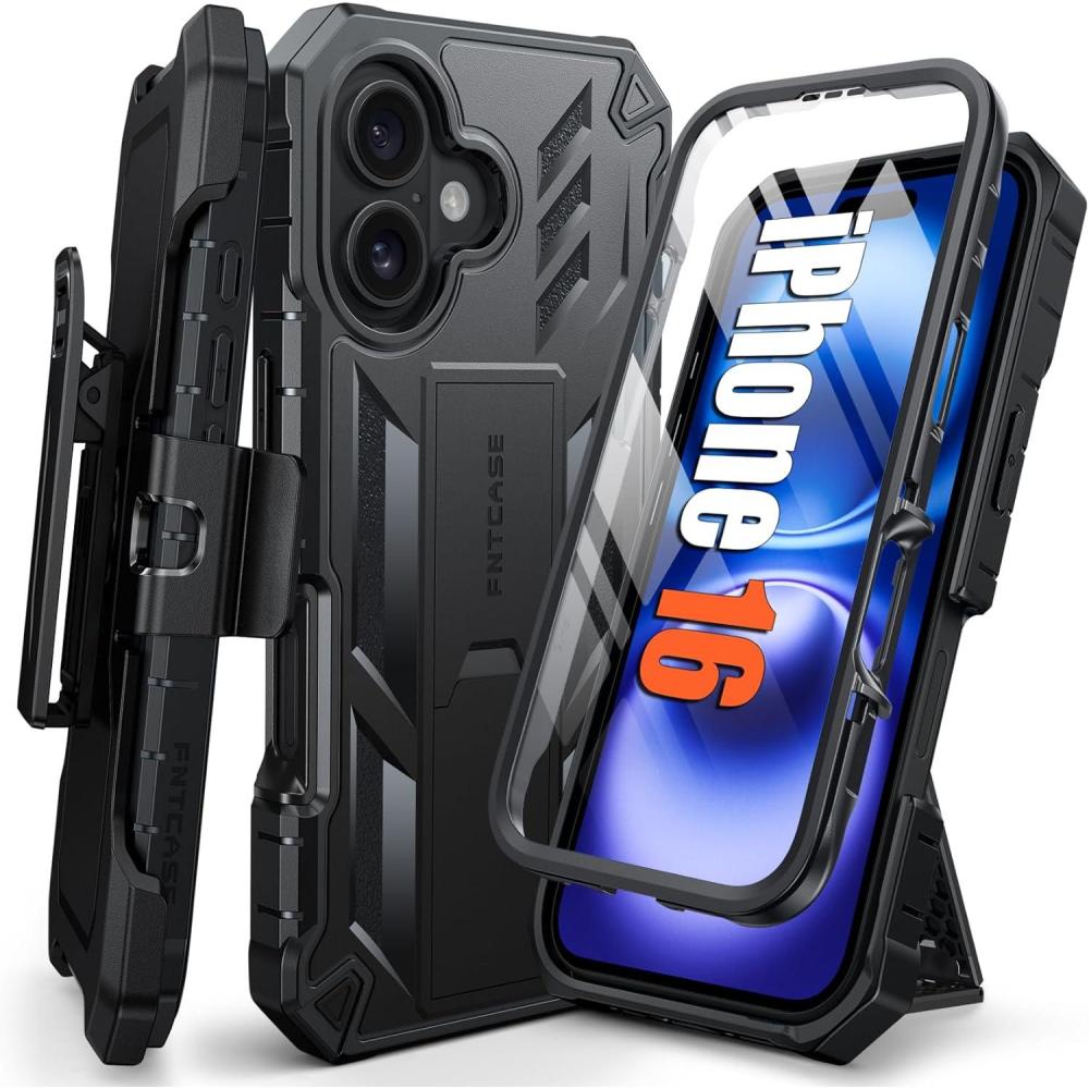 imageFNTCASE for iPhone 16e Phone Case Military Grade Builtin Screen Protector Kickstand Matte Textured Drop Proof Protection Cover  Rugged Shockproof TPU Protective Sturdy Cases 2025  BlackTBlack