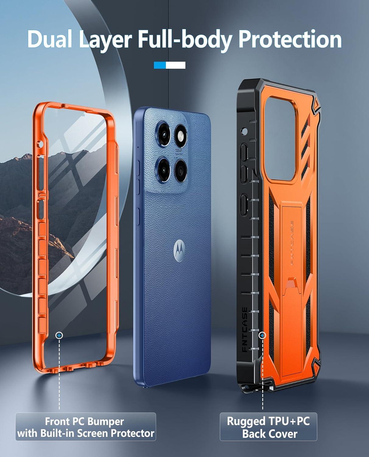imageFNTCASE for Motorola Edge 2025 Case Military Grade Drop Proof Protection Mobile Cover with Kickstand Matte Textured Rugged Shockproof TPU Protective Sturdy Phone Case BlackOrange