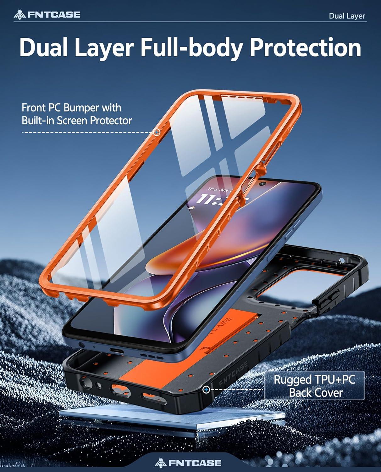 imageFNTCASE for Motorola Edge 2025 Case Military Grade Drop Proof Protection Mobile Cover with Kickstand Matte Textured Rugged Shockproof TPU Protective Sturdy Phone Case BlackOrange