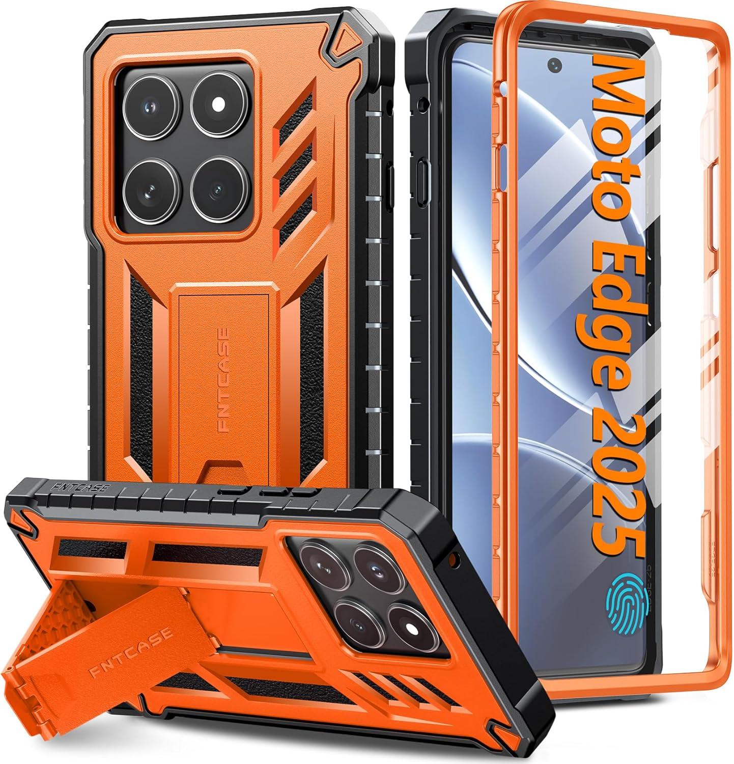 imageFNTCASE for Motorola Edge 2025 Case Military Grade Drop Proof Protection Mobile Cover with Kickstand Matte Textured Rugged Shockproof TPU Protective Sturdy Phone Case BlackOrange