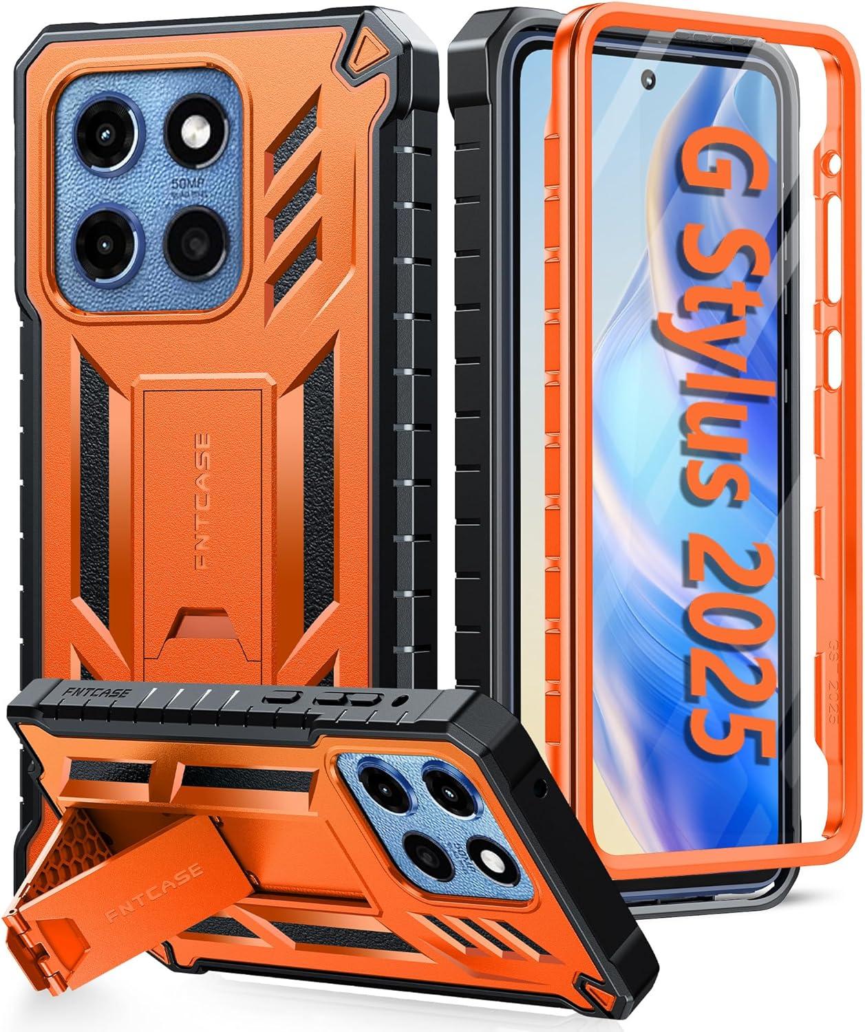 imageFNTCASE for Motorola Edge 2025 Case Military Grade Drop Proof Protection Mobile Cover with Kickstand Matte Textured Rugged Shockproof TPU Protective Sturdy Phone Case BlackOrange