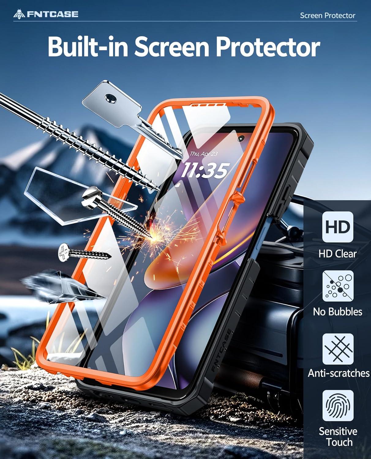 imageFNTCASE for Motorola Edge 2025 Case Military Grade Drop Proof Protection Mobile Cover with Kickstand Matte Textured Rugged Shockproof TPU Protective Sturdy Phone Case BlackOrange