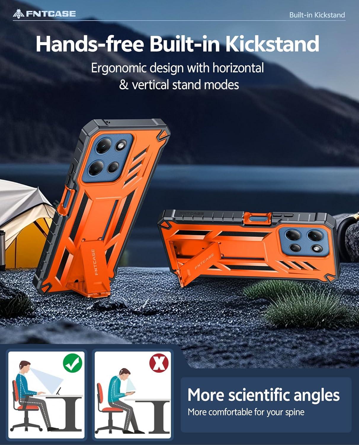 imageFNTCASE for Motorola Edge 2025 Case Military Grade Drop Proof Protection Mobile Cover with Kickstand Matte Textured Rugged Shockproof TPU Protective Sturdy Phone Case BlackOrange