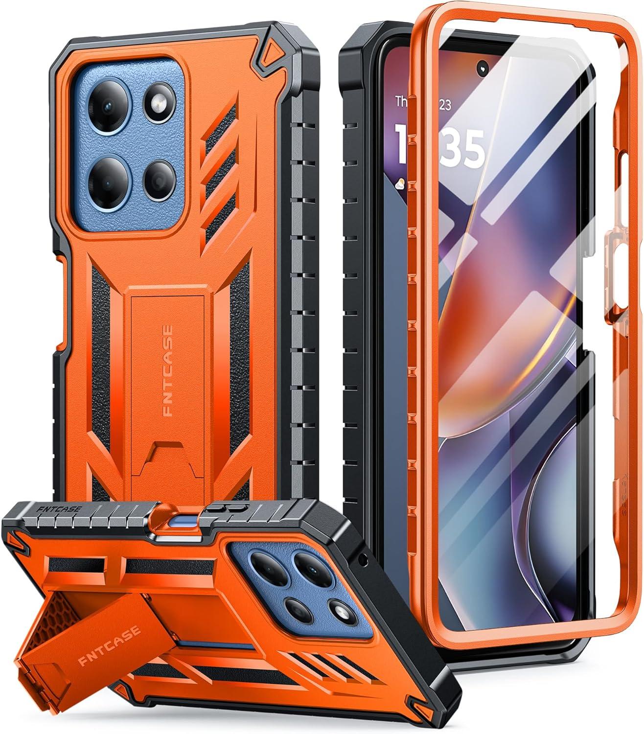 imageFNTCASE for Motorola Edge 2025 Case Military Grade Drop Proof Protection Mobile Cover with Kickstand Matte Textured Rugged Shockproof TPU Protective Sturdy Phone Case BlackOrange