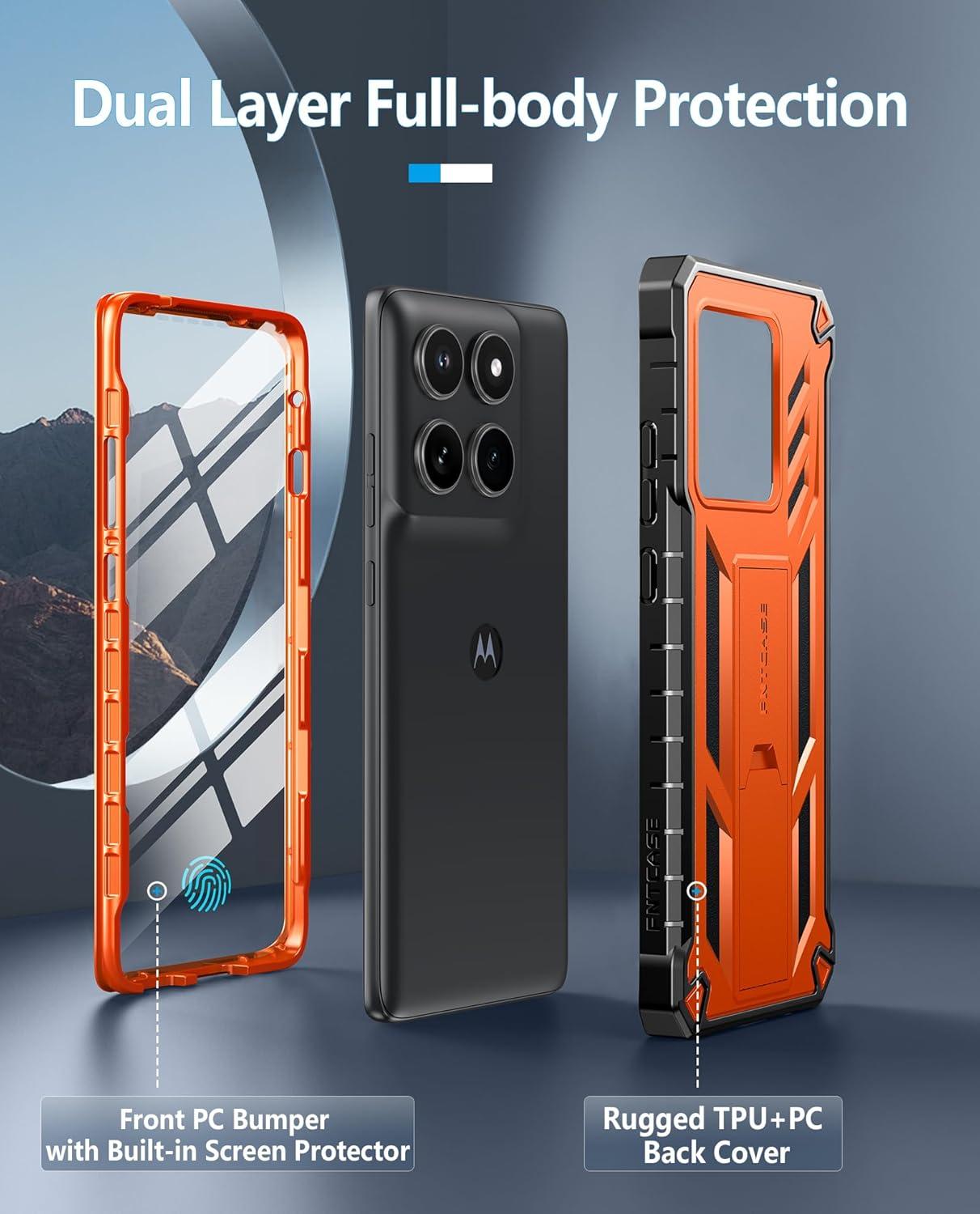 imageFNTCASE for Motorola Edge 2025 Case Military Grade Drop Proof Protection Mobile Cover with Kickstand Matte Textured Rugged Shockproof TPU Protective Sturdy Phone Case BlackOrange