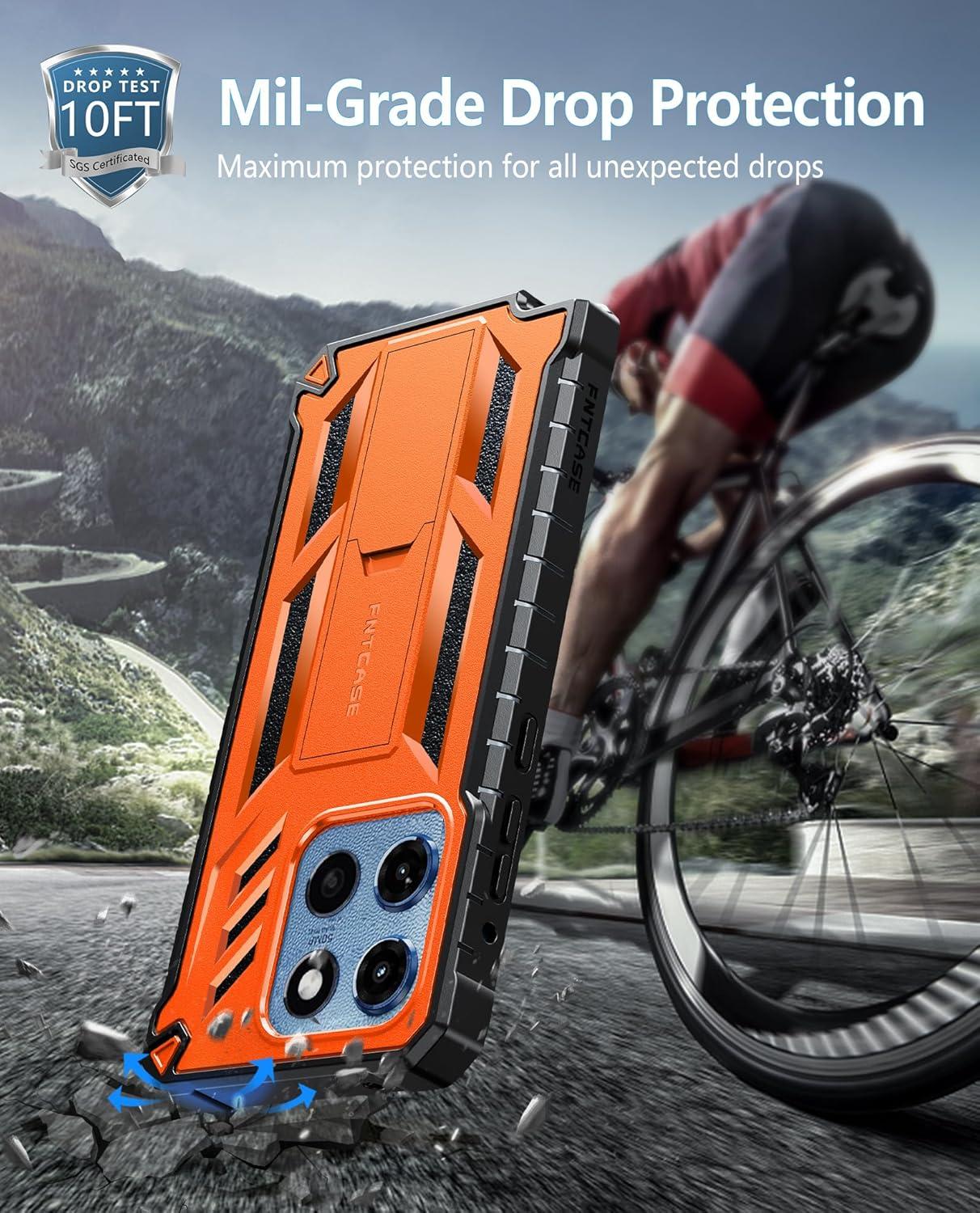 imageFNTCASE for Motorola Edge 2025 Case Military Grade Drop Proof Protection Mobile Cover with Kickstand Matte Textured Rugged Shockproof TPU Protective Sturdy Phone Case BlackOrange