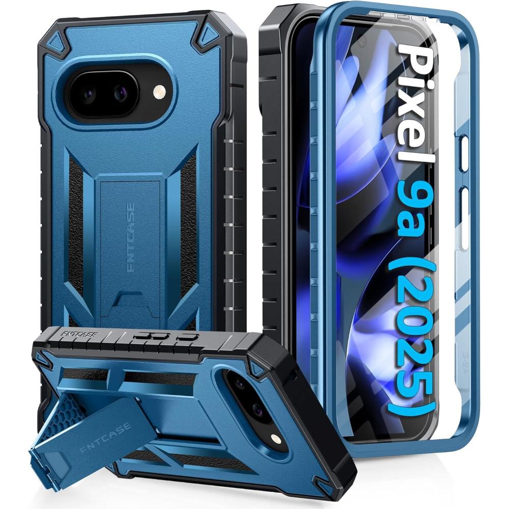 imageFNTCASE for Google Pixel 9A Case Military Grade Drop Proof Protection Mobile Cover with Kickstand  Matte Textured Rugged Shockproof TPU  Protective Sturdy Phone Case  BlackBlue