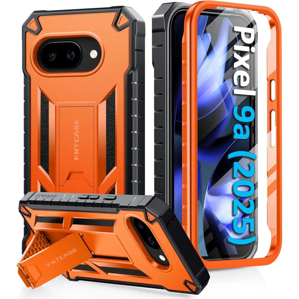 imageFNTCASE for Google Pixel 9A Case Military Grade Drop Proof Protection Mobile Cover with Kickstand  Matte Textured Rugged Shockproof TPU  Protective Sturdy Phone Case  BlackOrange