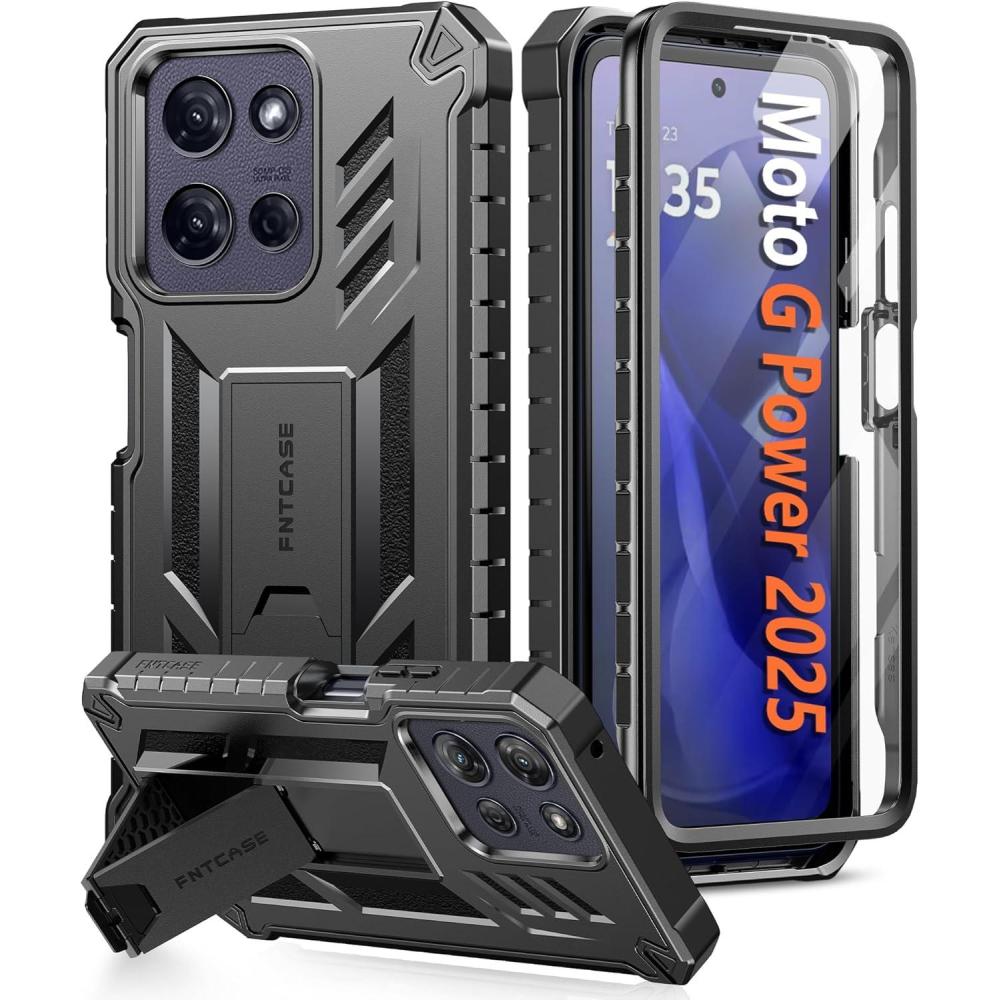 imageFNTCASE for Motorola Edge 2025 Case Military Grade Drop Proof Protection Mobile Cover with Kickstand  Matte Textured Rugged Shockproof TPU  Protective Sturdy Phone Case  BlackBlack