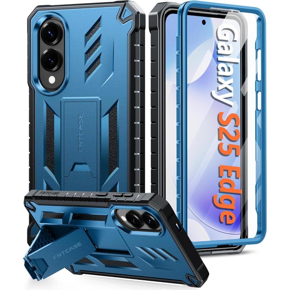 imageFNTCASE for Samsung Galaxy S25Edge Case Military Grade Drop Proof Protection Mobile Cover with Kickstand  Matte Textured Rugged Shockproof TPU  Protective Sturdy Phonecase  BlackBlue