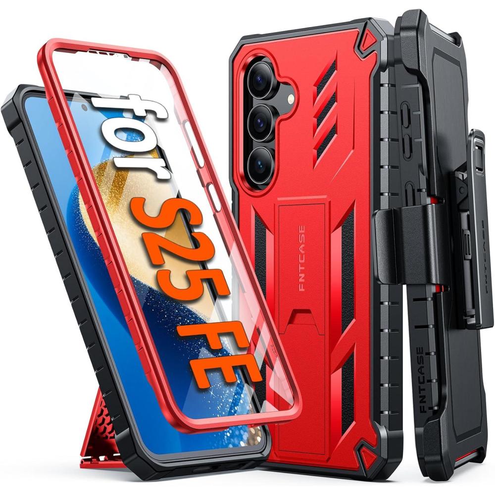 imageFNTCASE for Samsung Galaxy S25Edge Case Military Grade Rugged Cell Phone Cover with Kickstand ampamp Belt Clip Holster  Shockproof TPU Protection Bumper Matte Textured  Heavy Duty Protector BlackRed