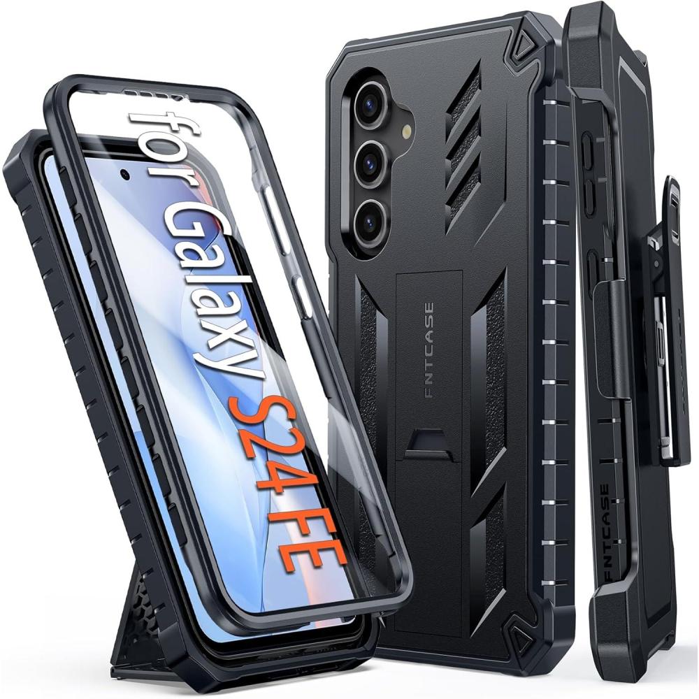 imageFNTCASE for Samsung Galaxy S25Edge Case Military Grade Rugged Cell Phone Cover with Kickstand ampamp Belt Clip Holster  Shockproof TPU Protection Bumper Matte Textured  Heavy Duty Protector BlackBlack