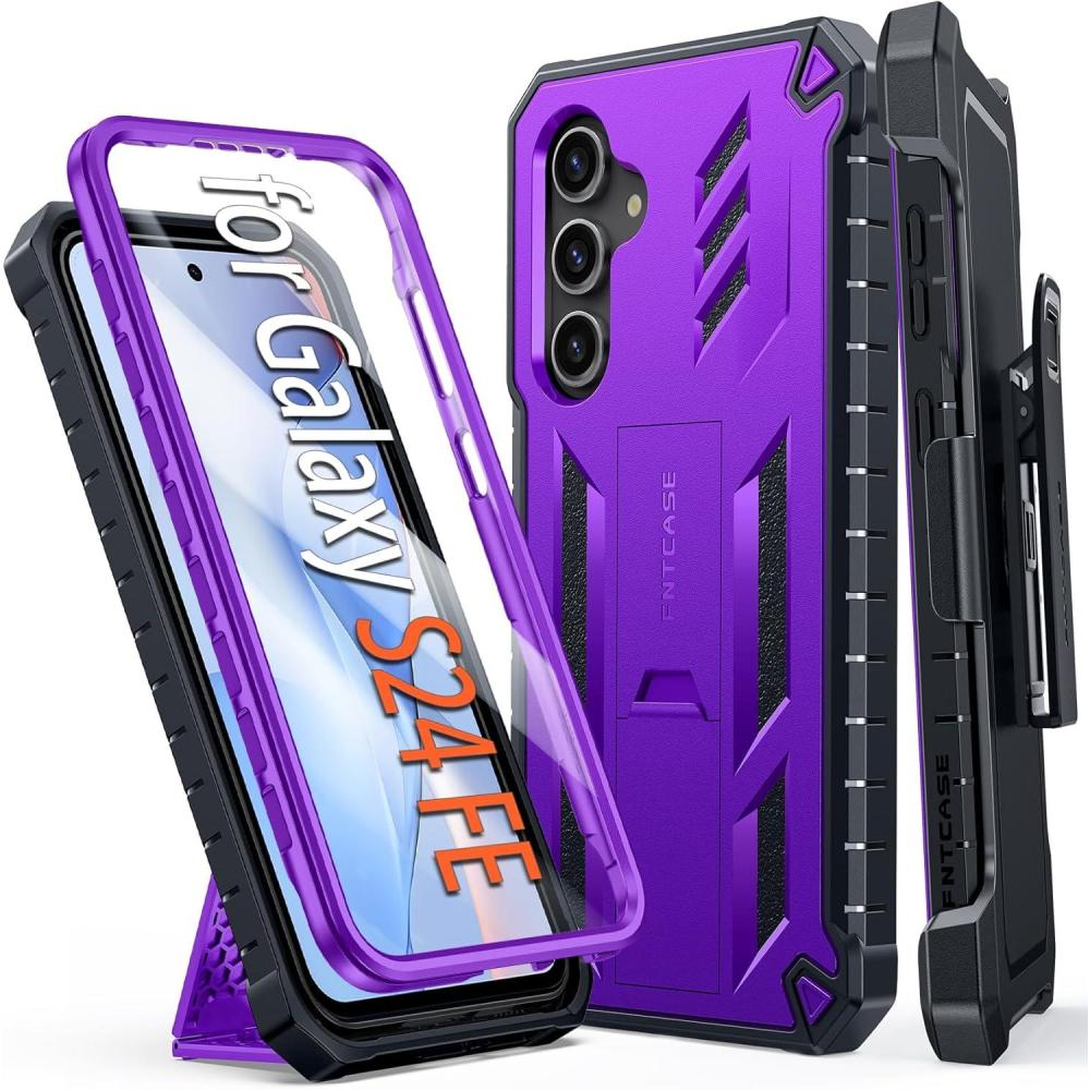 imageFNTCASE for Samsung Galaxy S25Edge Case Military Grade Rugged Cell Phone Cover with Kickstand ampamp Belt Clip Holster  Shockproof TPU Protection Bumper Matte Textured  Heavy Duty Protector BlackPurple