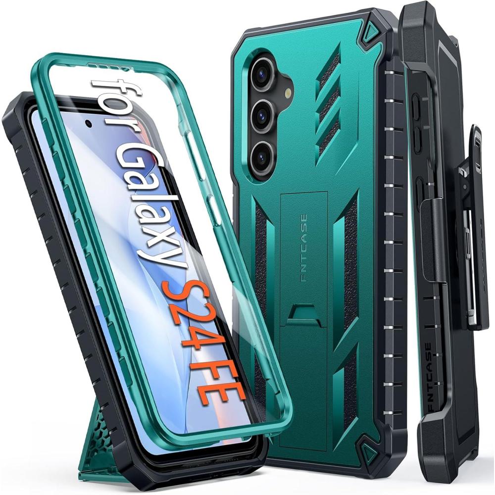 imageFNTCASE for Samsung Galaxy S25Edge Case Military Grade Rugged Cell Phone Cover with Kickstand ampamp Belt Clip Holster  Shockproof TPU Protection Bumper Matte Textured  Heavy Duty Protector BlackGreen