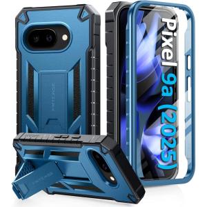 FNTCASE for Google Pixel 9A Case: Military Grade Drop Proof Protection Mobile Cover with Kickstand | Matte Textured Rugged Shockproof TPU | Protective Sturdy Phone Case – Black(Blue)