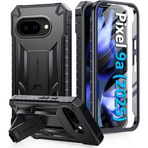 FNTCASE for Google Pixel 9A Case: Military Grade Drop Proof Protection Mobile Cover with Kickstand | Matte Textured Rugged Shockproof TPU | Protective Sturdy Phone Case – Black(Black)