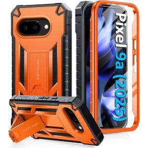 FNTCASE for Google Pixel 9A Case: Military Grade Drop Proof Protection Mobile Cover with Kickstand | Matte Textured Rugged Shockproof TPU | Protective Sturdy Phone Case – Black(Orange)