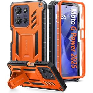 FNTCASE for Motorola Edge 2025 Case: Military Grade Drop Proof Protection Mobile Cover with Kickstand | Matte Textured Rugged Shockproof TPU | Protective Sturdy Phone Case – Black(Orange)