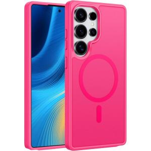 FNTCASE for Samsung Galaxy S25 Case: Magnetic Matte Textured Military Grade Drop Protection Translucent Cell Phone Cover – Slim Rugged Durable Shockproof Protective Bumper Cases- 6.2 inches(Black)(Hot Pink)